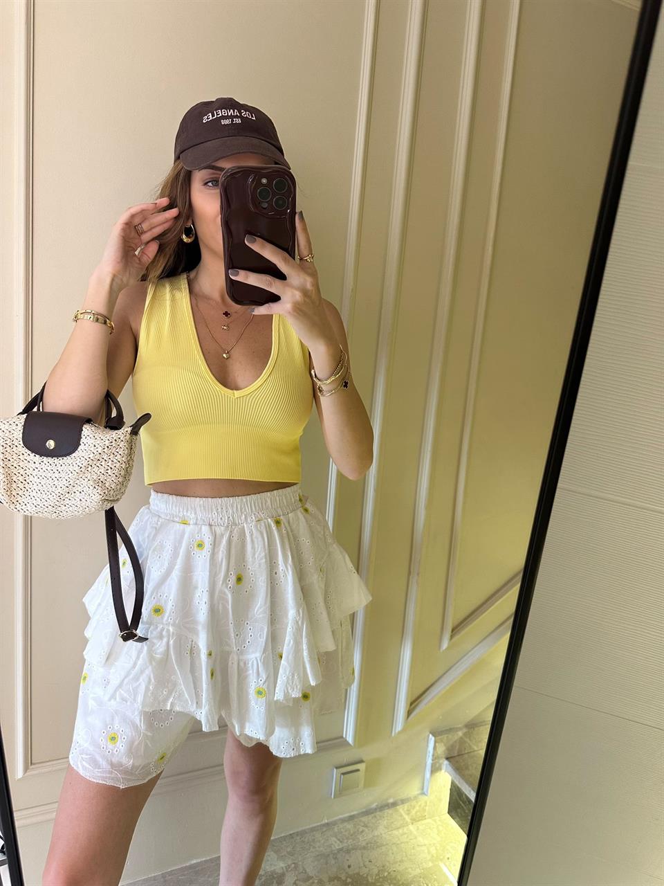 Sarı Çiçek Desenli Şortlu Fisto Etek