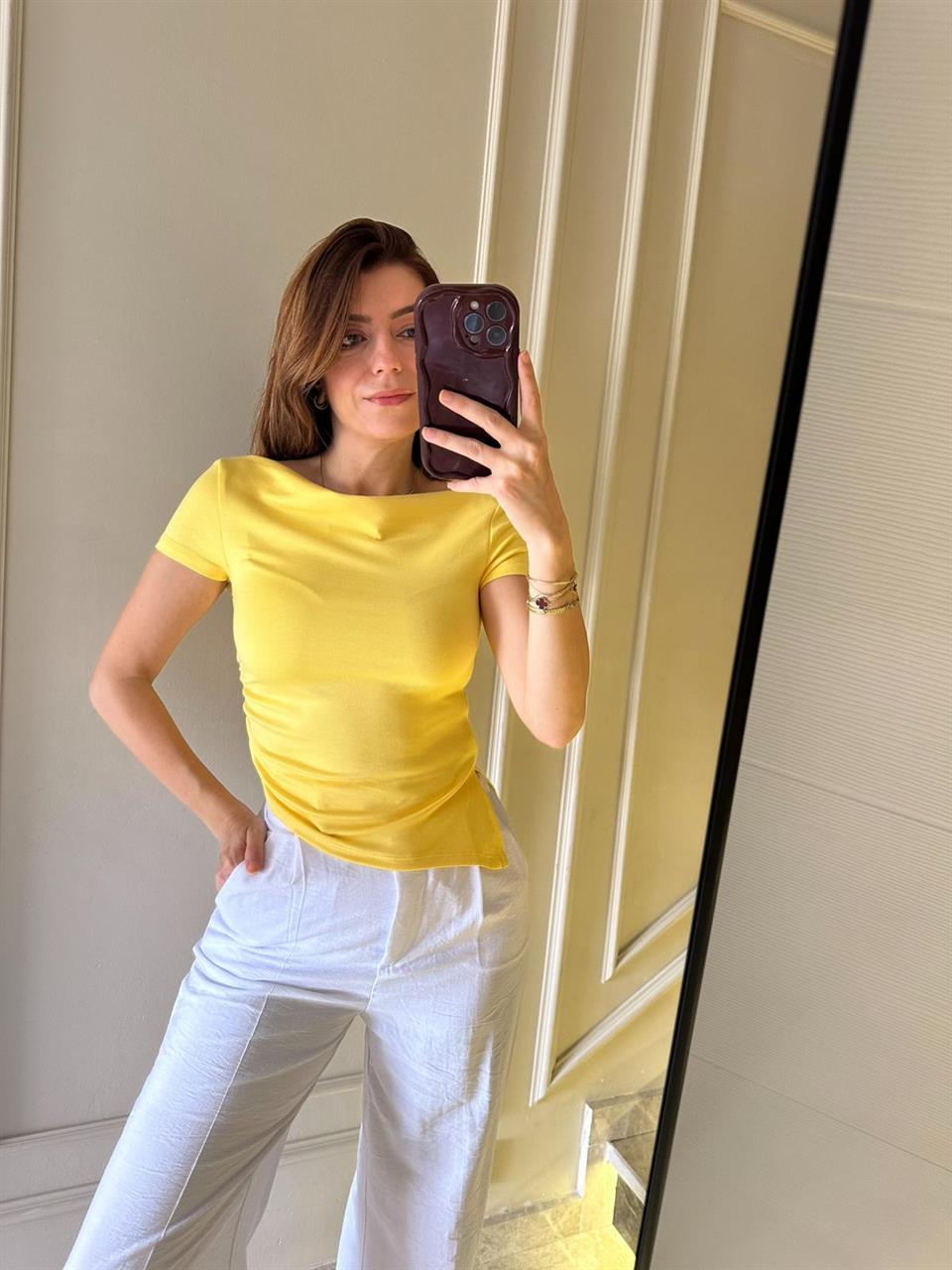 Sarı Modal Kumaş Asimetrik Bluz