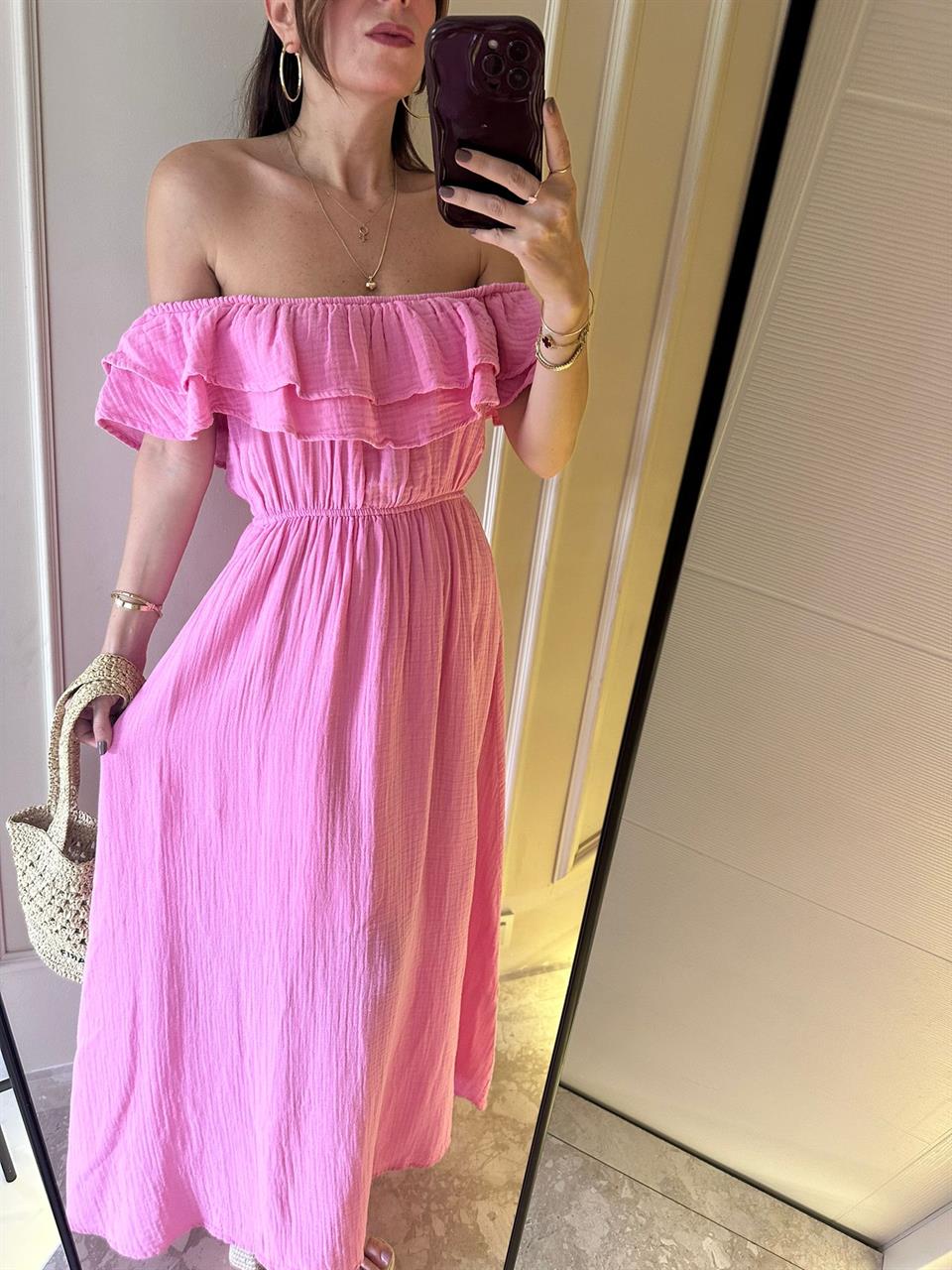 Şeker Pembe Fırfırlı Müslin Kumaş Elbise