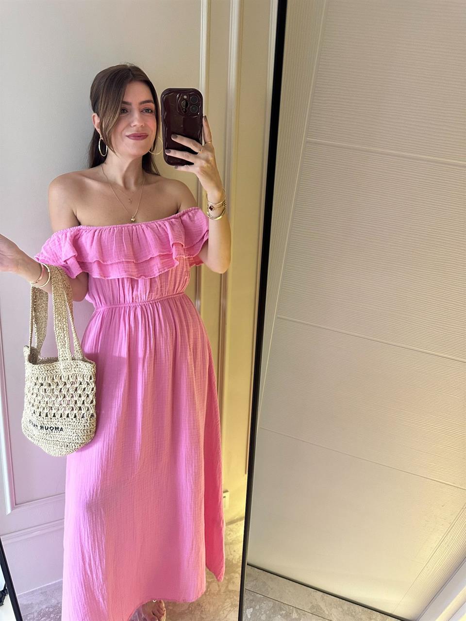 Şeker Pembe Fırfırlı Müslin Kumaş Elbise