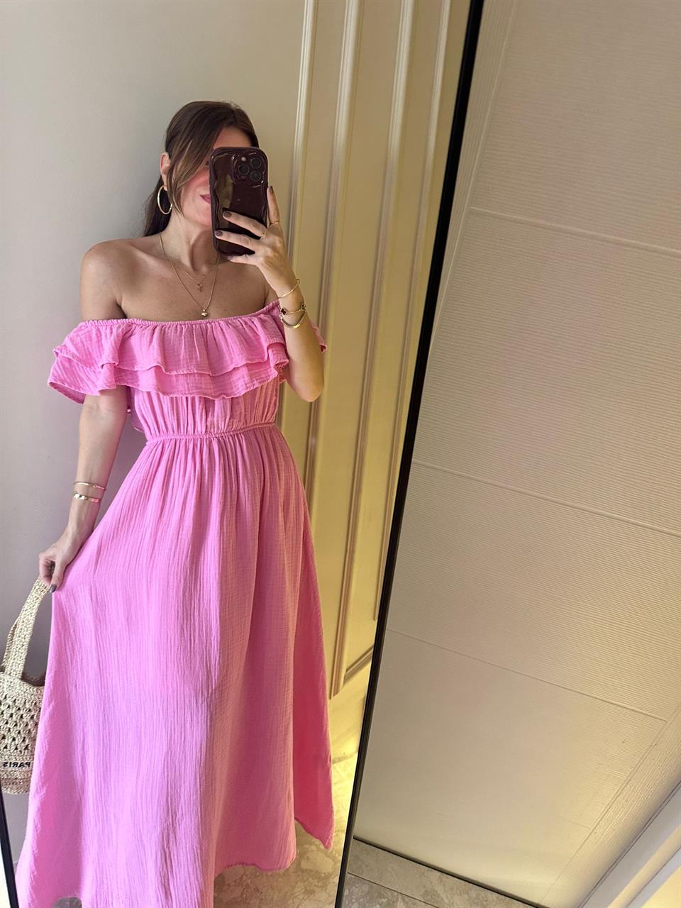 Şeker Pembe Fırfırlı Müslin Kumaş Elbise