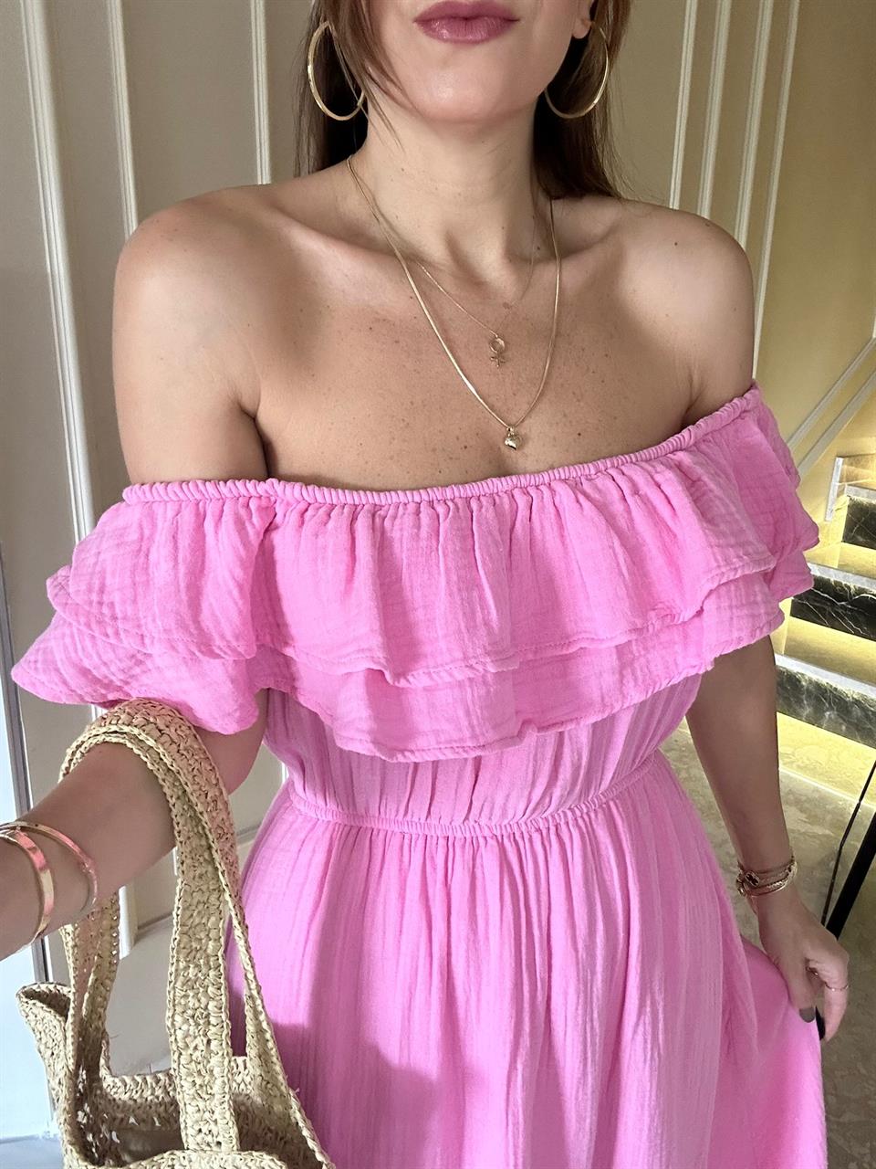 Şeker Pembe Fırfırlı Müslin Kumaş Elbise