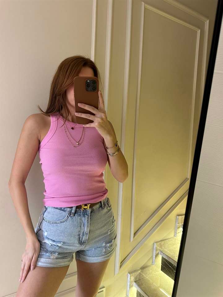 Şeker Pembe Halter Yaka Kalın Biyeli Atlet