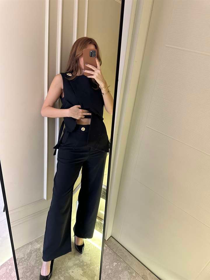 Siyah Asimetrik Yelekli Kumaş Takım