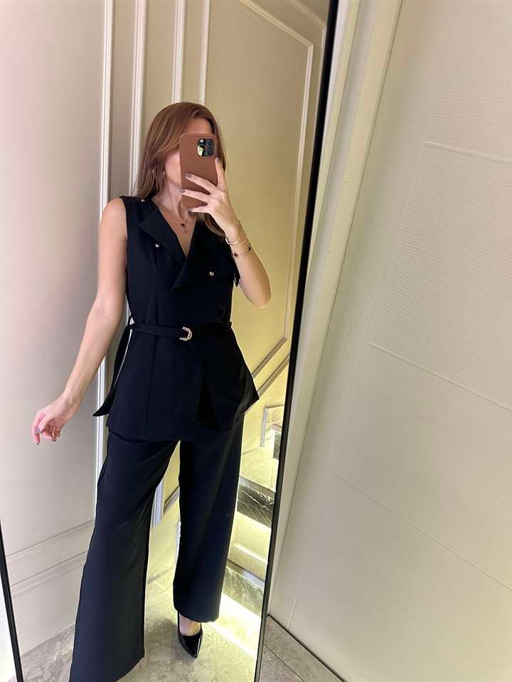 Siyah Asimetrik Yelekli Kumaş Takım