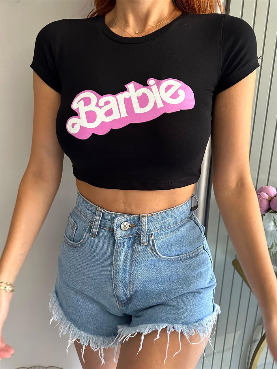 Crop TişörtSiyah Barbie Baskı Crop Tshirt