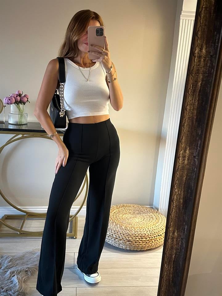 Siyah Bel Lastik Çimalı Pantolon