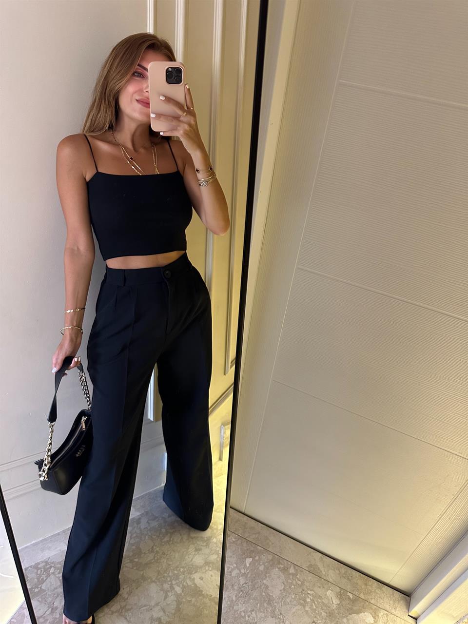 Siyah Beli Lastikli Palazzo Pantolon