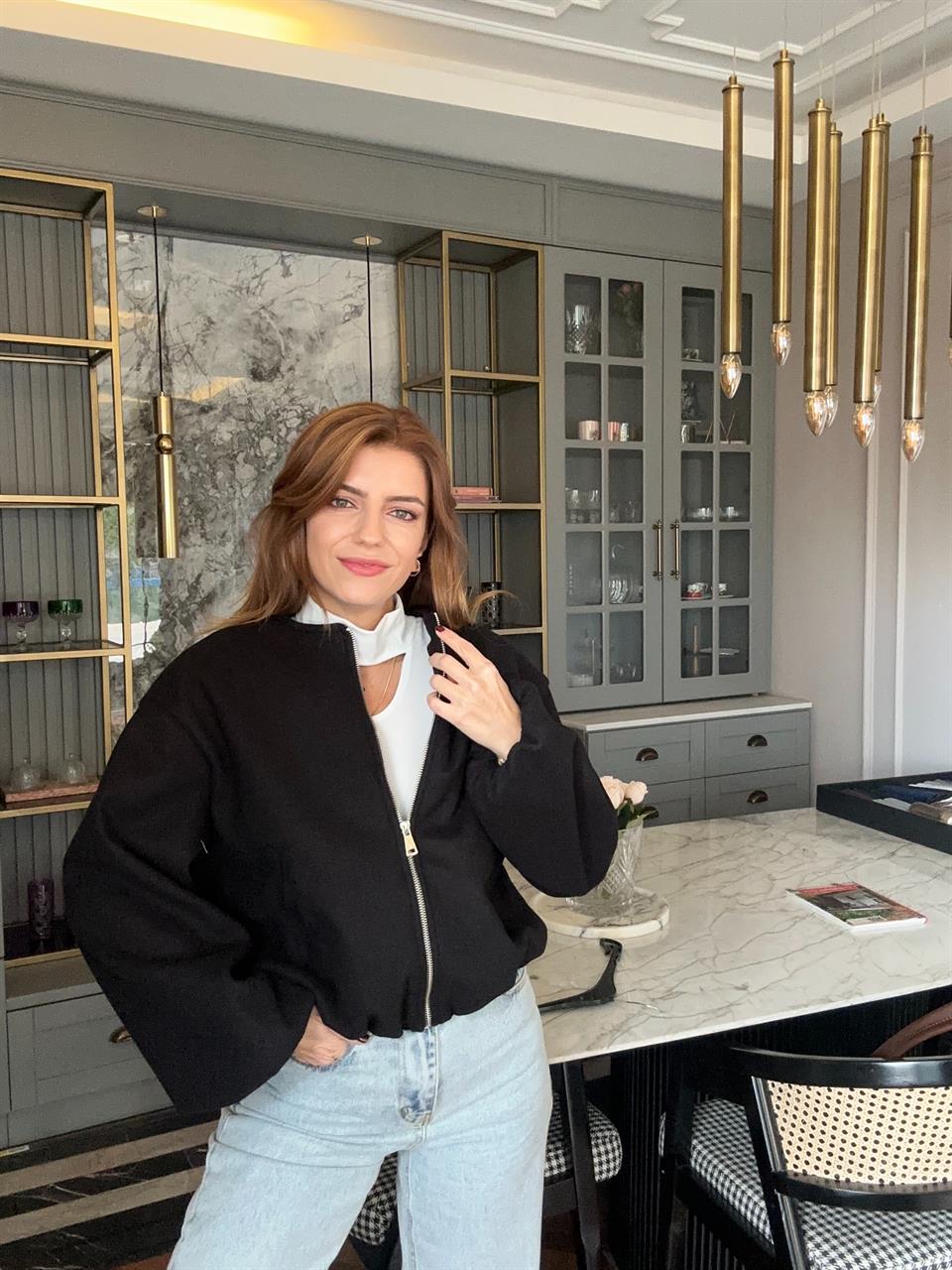 Siyah Bisiklet Yaka Kaşe Ceket