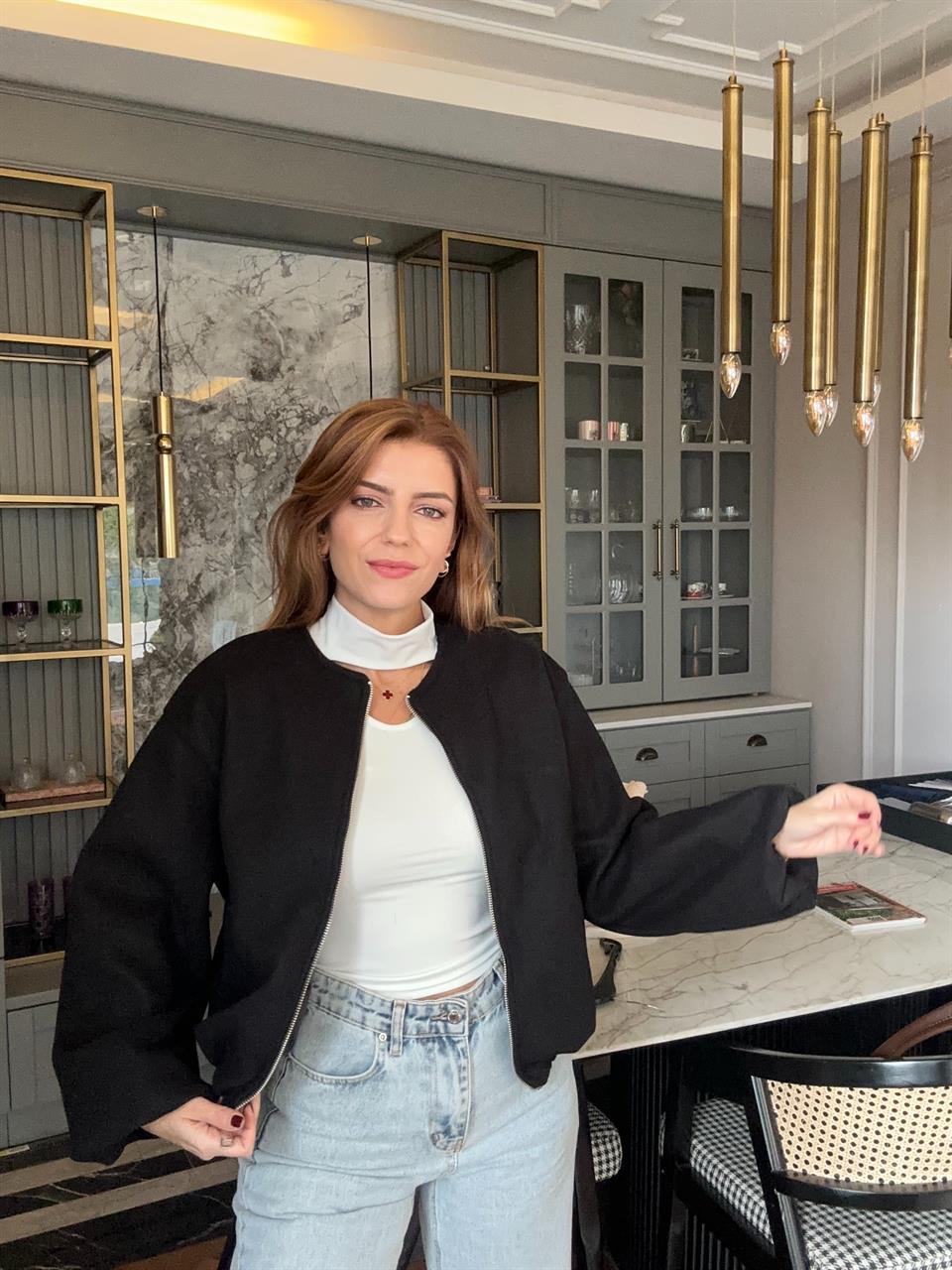 Siyah Bisiklet Yaka Kaşe Ceket