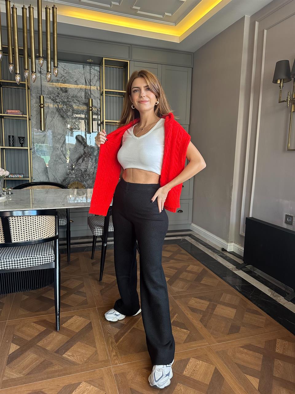 Siyah Bol Paça Triko Pantolon