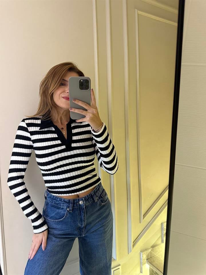 Siyah Çizgili Polo Yaka Yumoş Badi