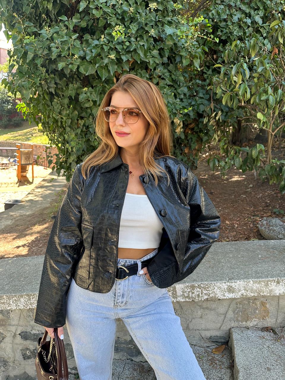 Siyah Croco Desen Deri Ceket