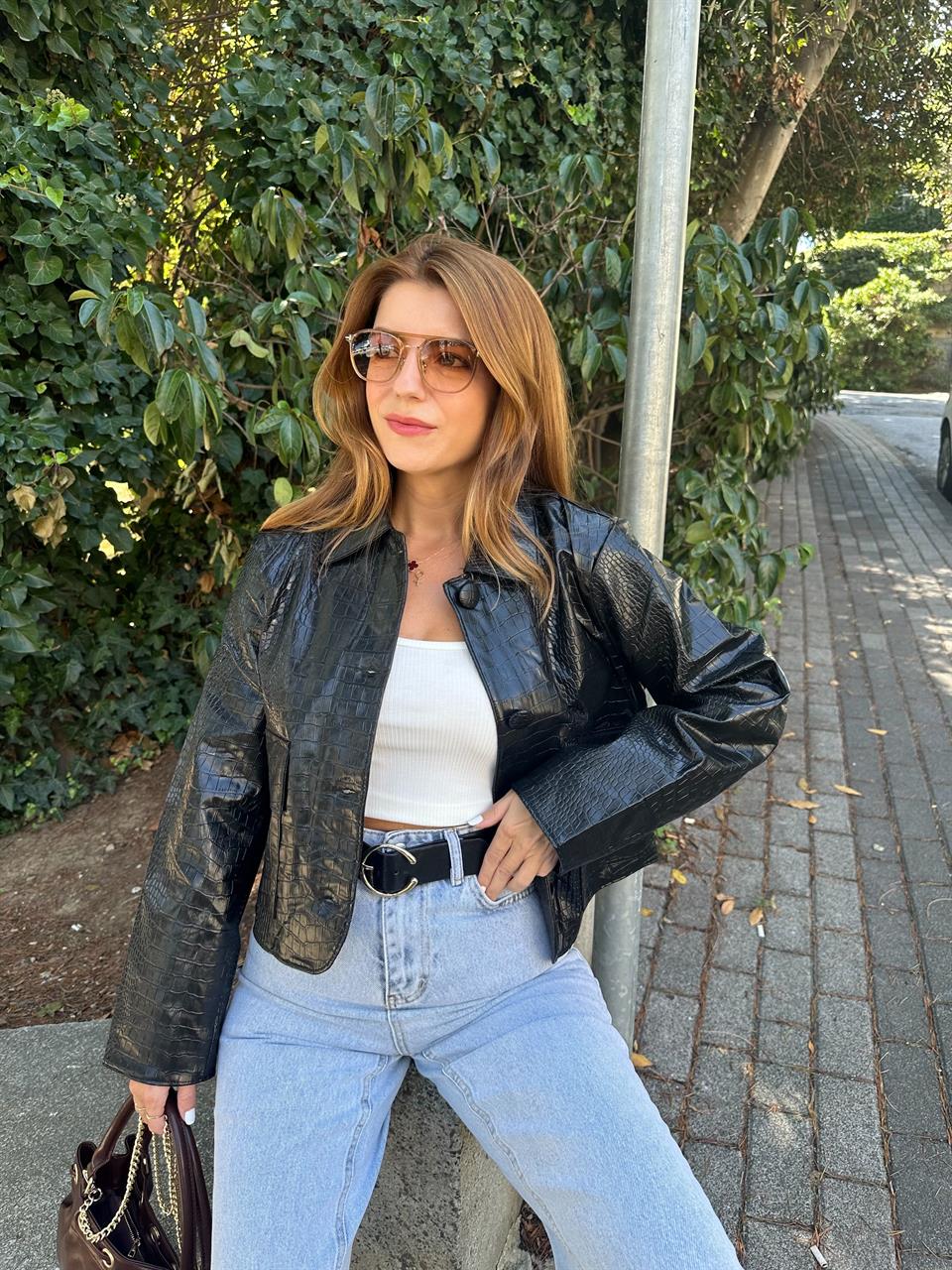 Siyah Croco Desen Deri Ceket