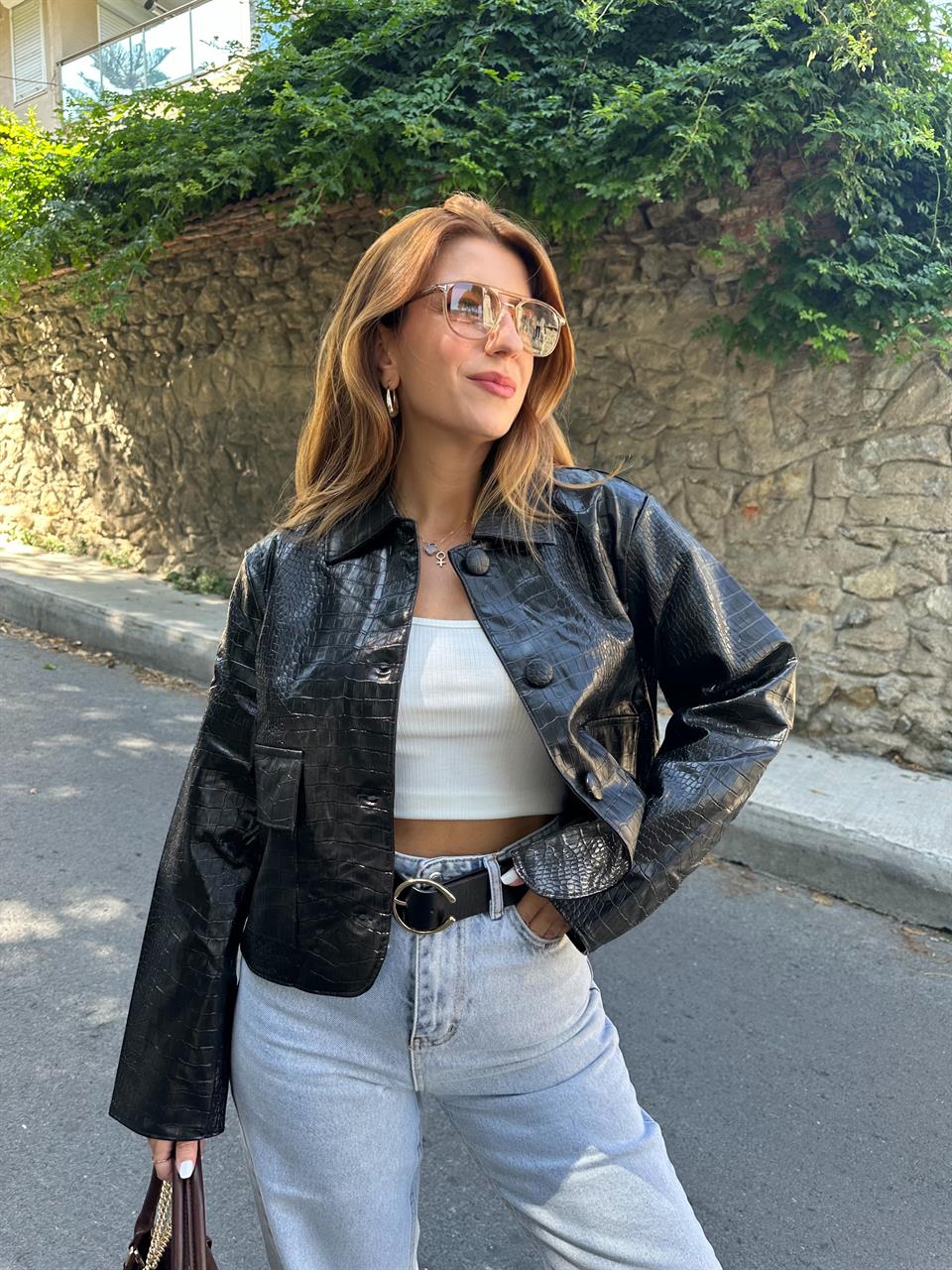 Siyah Croco Desen Deri Ceket