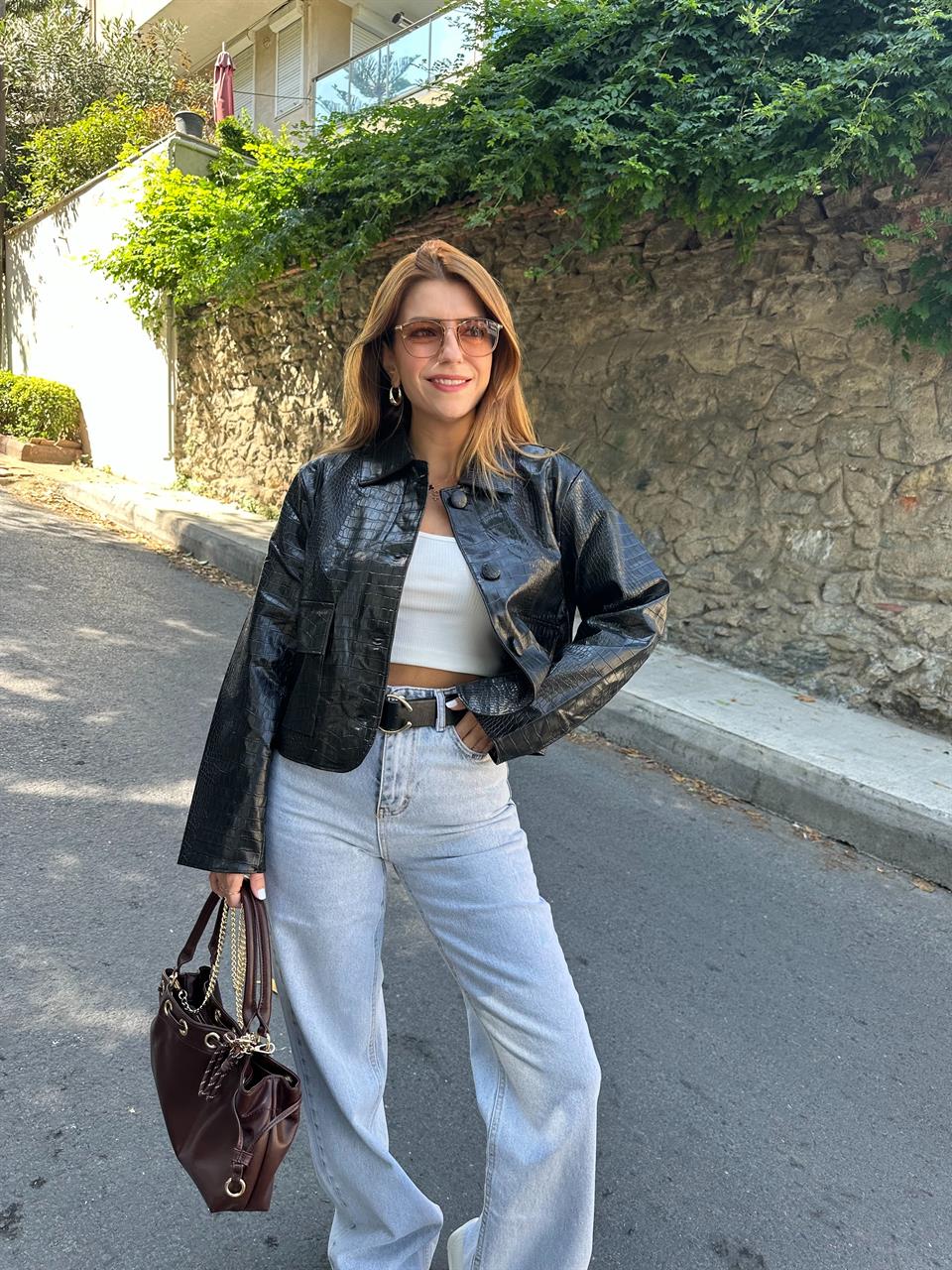 Siyah Croco Desen Deri Ceket