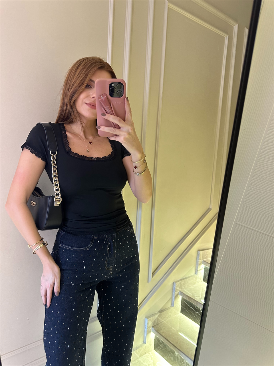 Siyah Dantelli Kare Yaka Kısa Kol Bluz