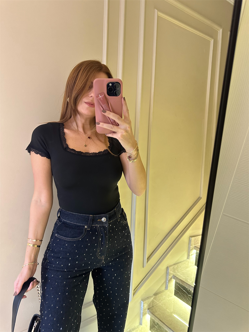 Siyah Dantelli Kare Yaka Kısa Kol Bluz