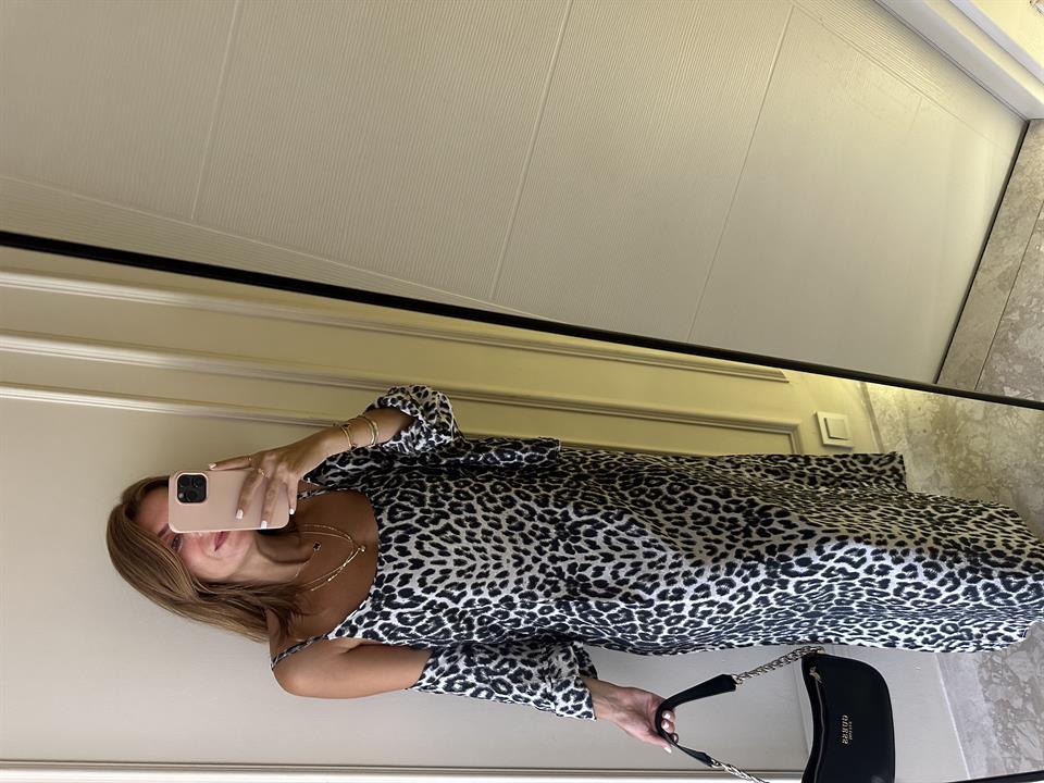 Siyah Desenli Askılı Elbise Gömlek Takım