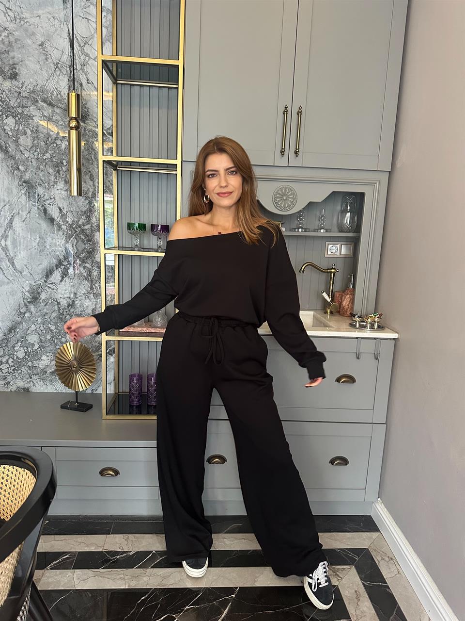 Siyah Düşük Omuz Pamuklu Kumaş Takım