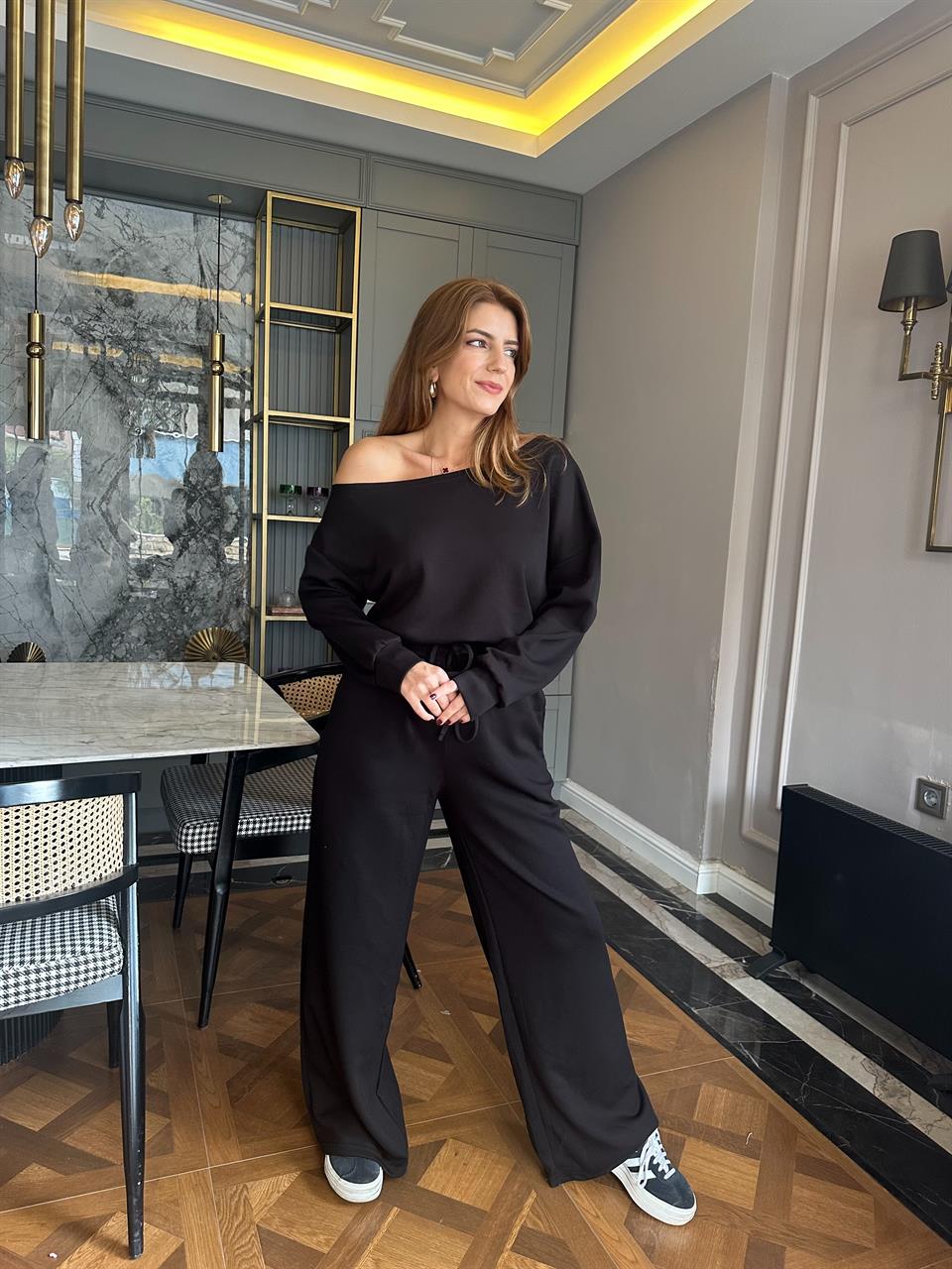 Siyah Düşük Omuz Pamuklu Kumaş Takım