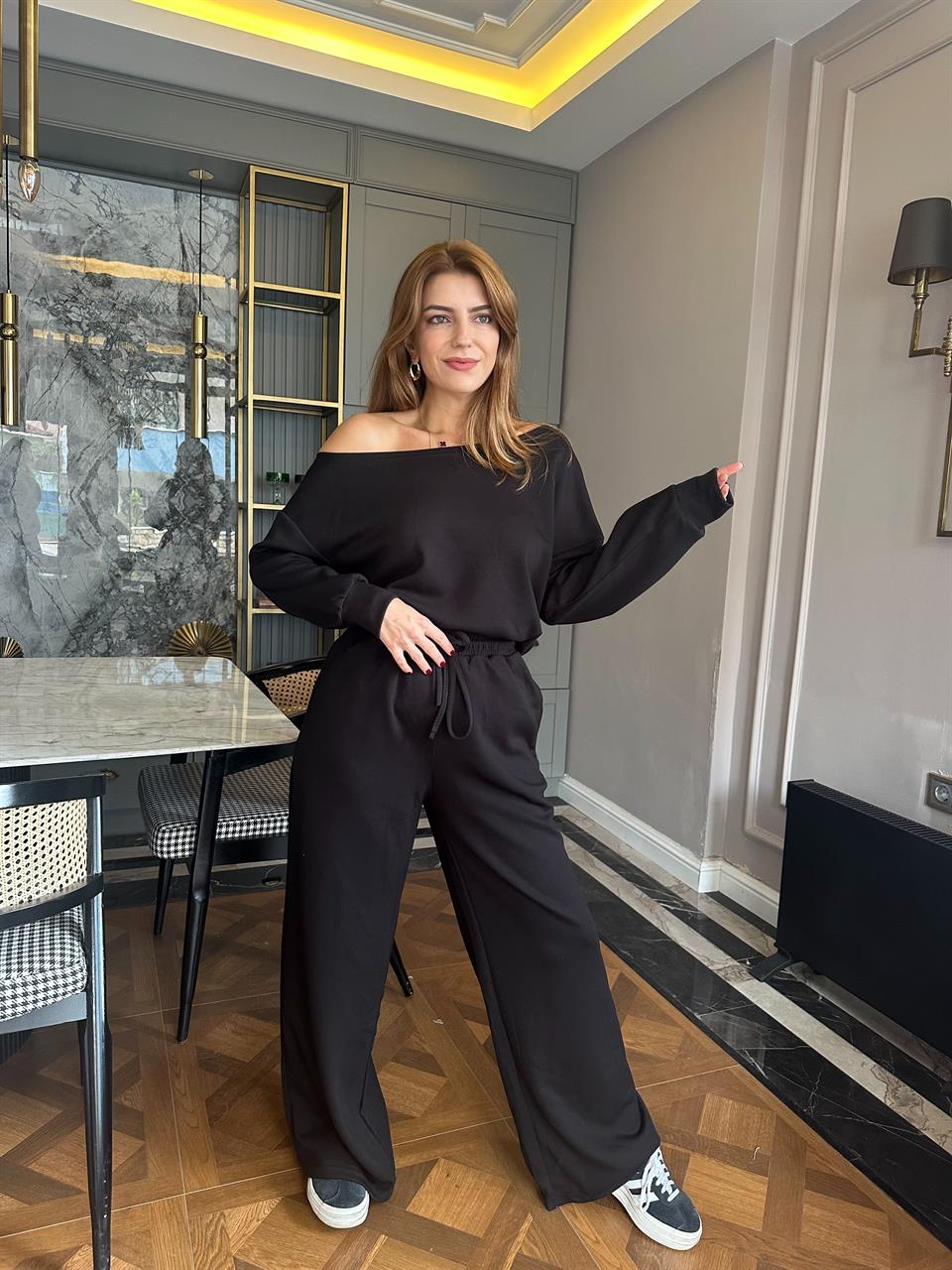 Siyah Düşük Omuz Pamuklu Kumaş Takım