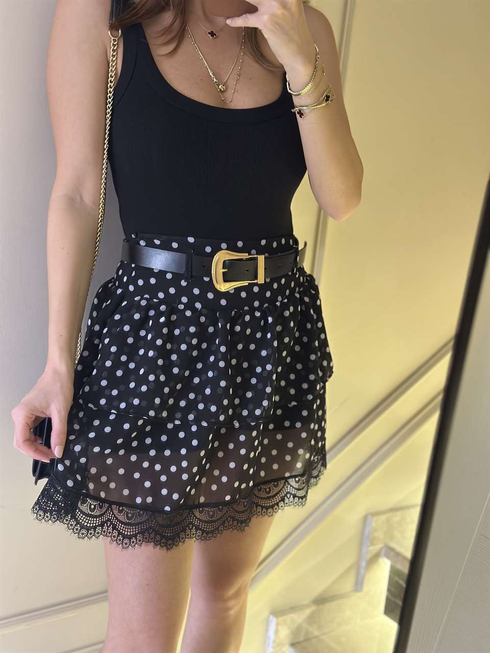 Siyah Etek Ucu Dantel Puantiyeli Şortlu Etek
