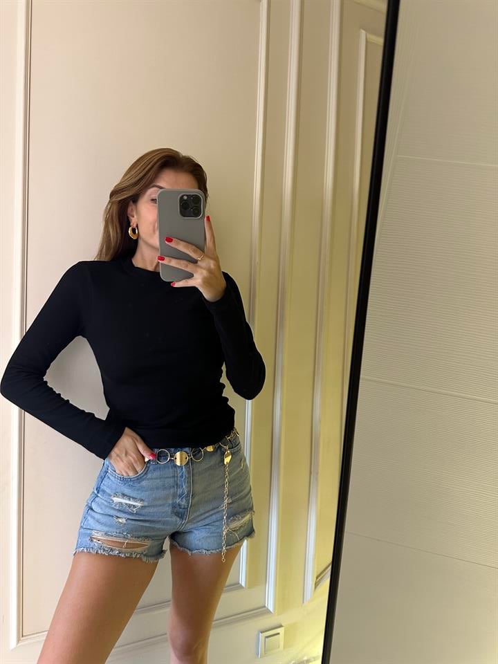 Siyah Fitilli Uzun Kol Bluz