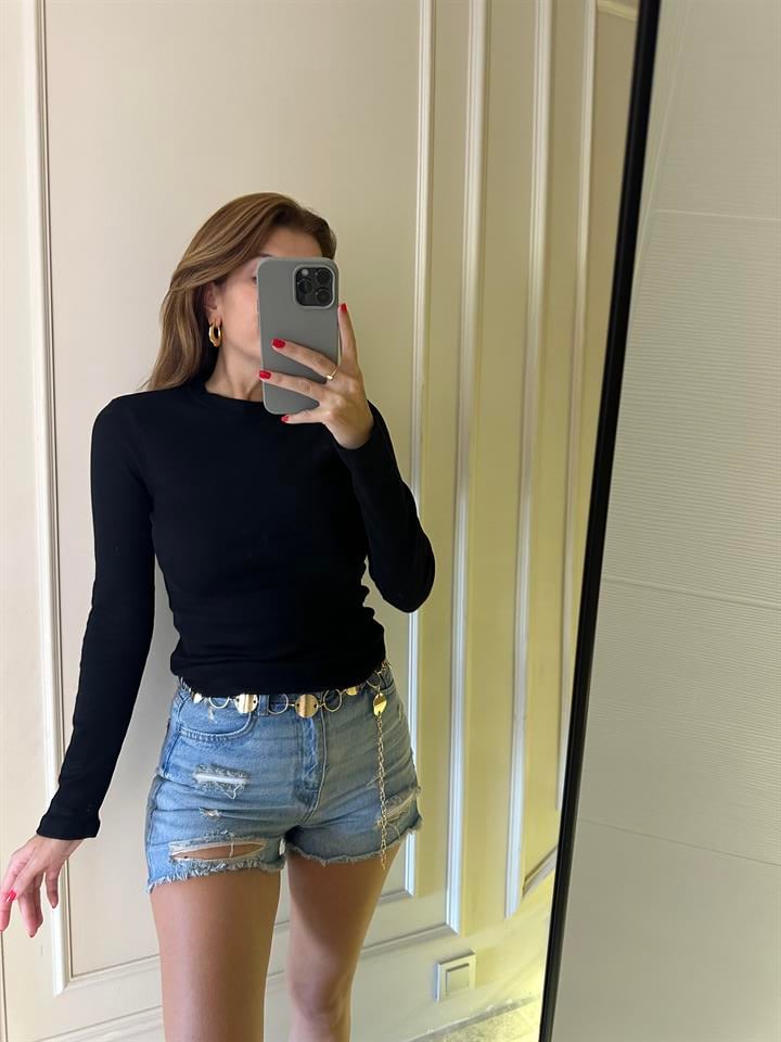 Siyah Fitilli Uzun Kol Bluz