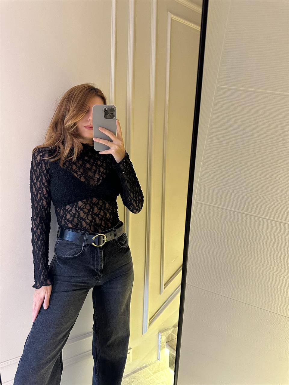 Siyah Güpür Dantel Uzun Kol Bluz