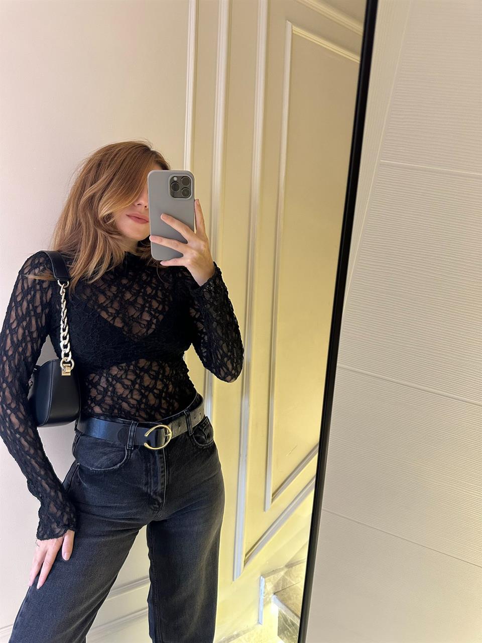 Siyah Güpür Dantel Uzun Kol Bluz