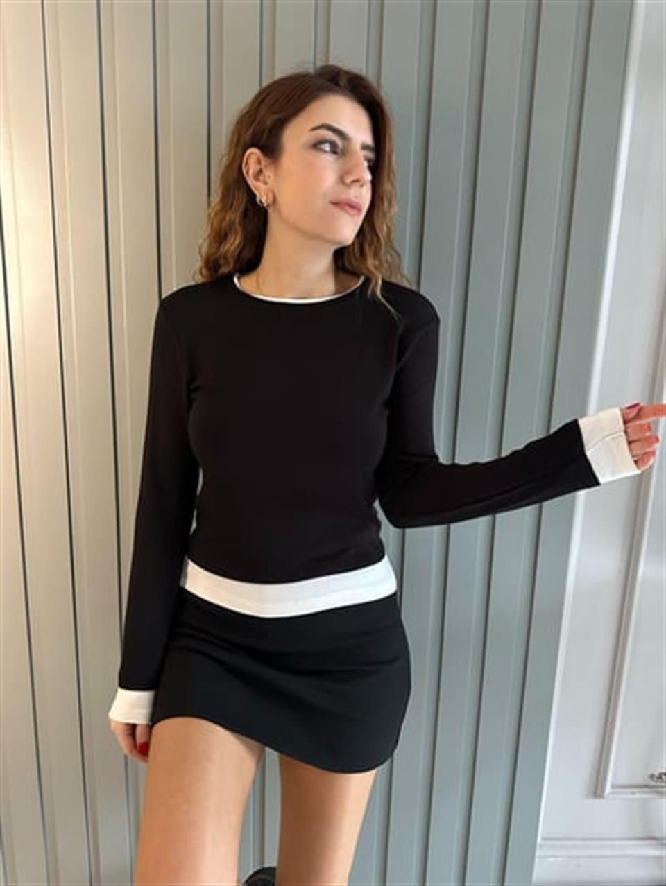 Siyah İkili Modal Kumaş Bluz