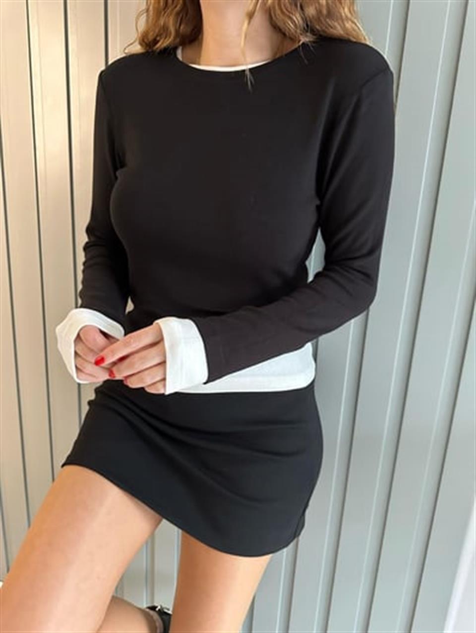 Siyah İkili Modal Kumaş Bluz