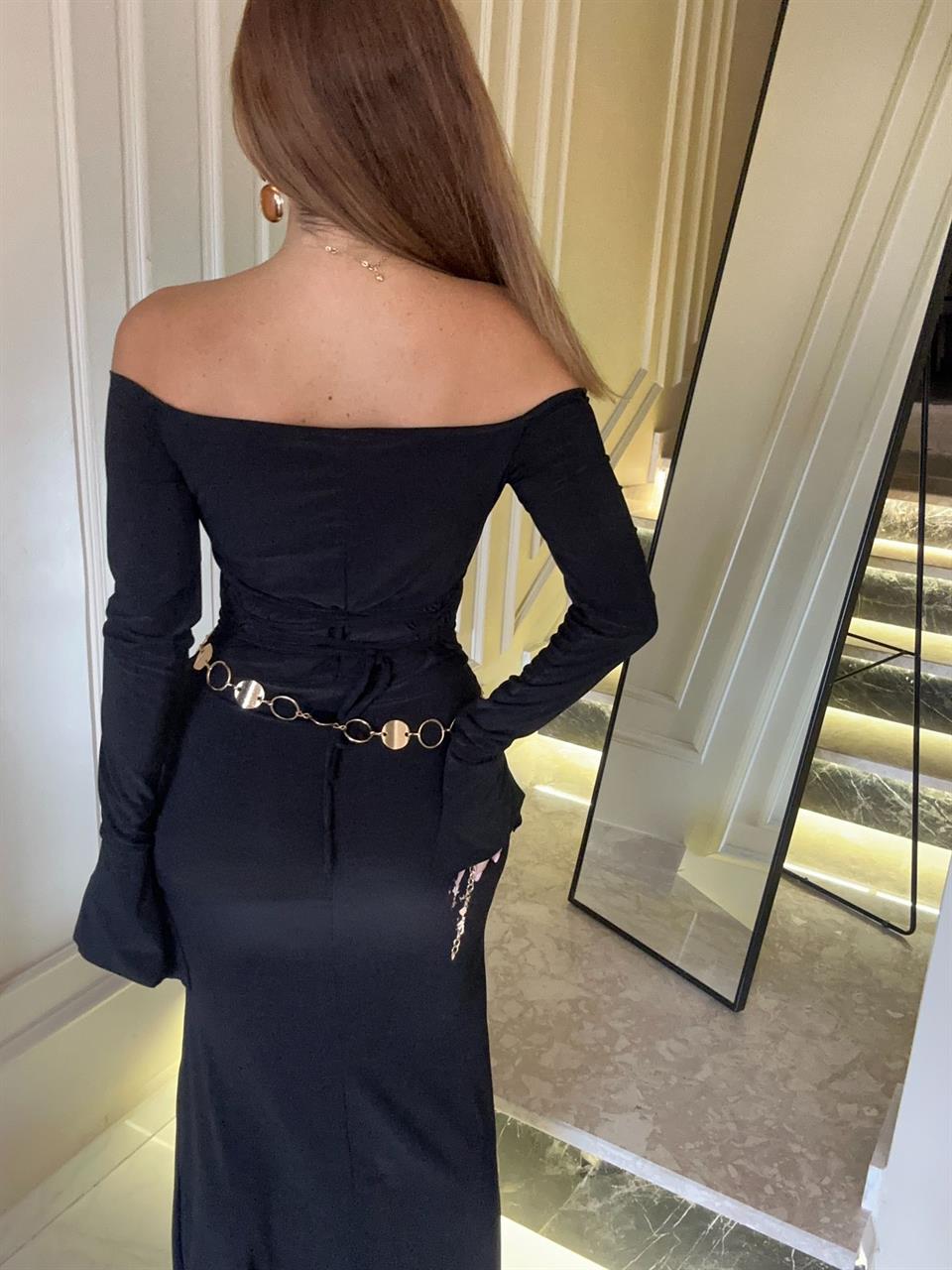 Siyah İspanyol Kol Yırtmaç Detay Elbise