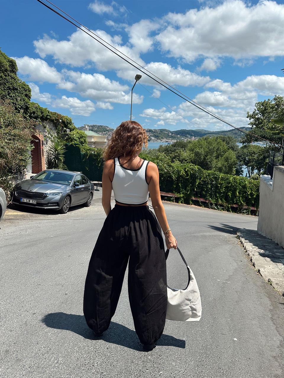 Siyah Keten Şalvar Pantolon