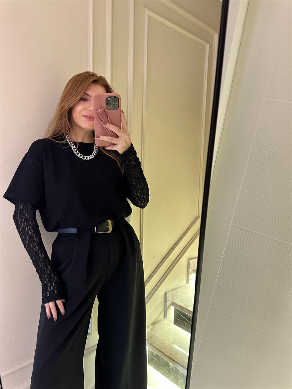 Siyah Kol Güpürlü İkili Bluz