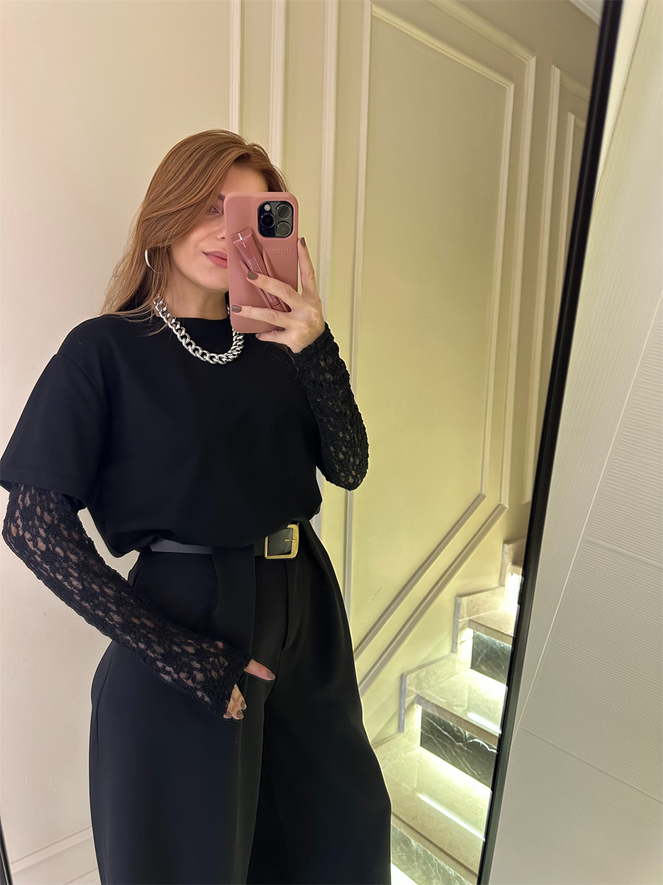 Siyah Kol Güpürlü İkili Bluz