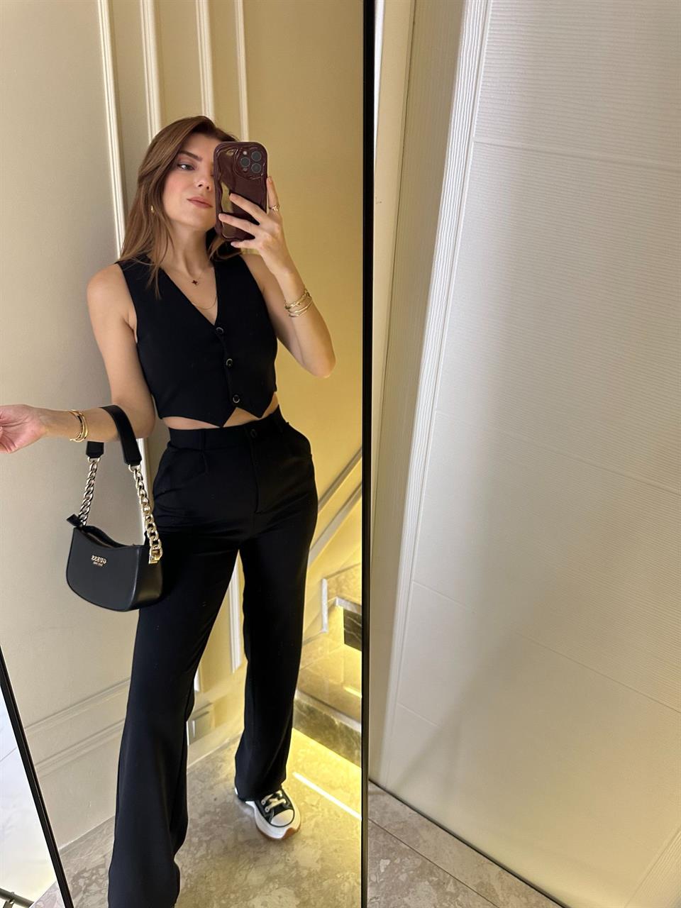 Siyah Krep Kumaş Yelekli Takım