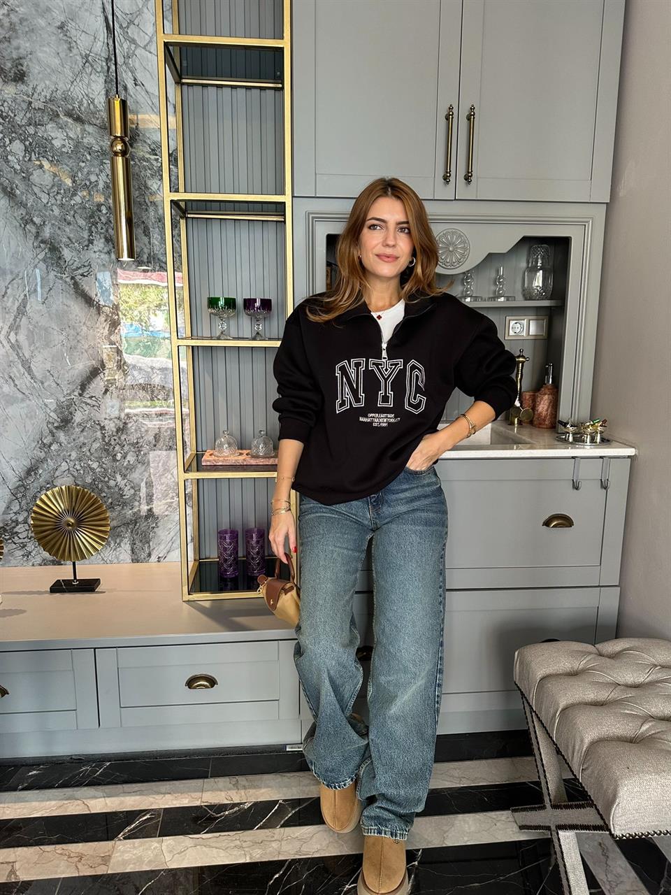 Siyah NYC Nakışlı Yarım Fermuar Sweatshirt