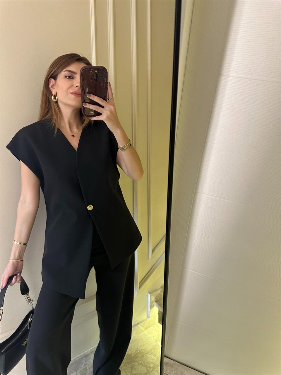 Siyah Palazzo Pantolon Yelekli Takım