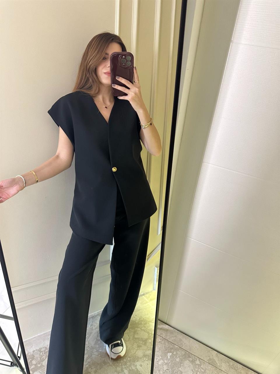 Siyah Palazzo Pantolon Yelekli Takım