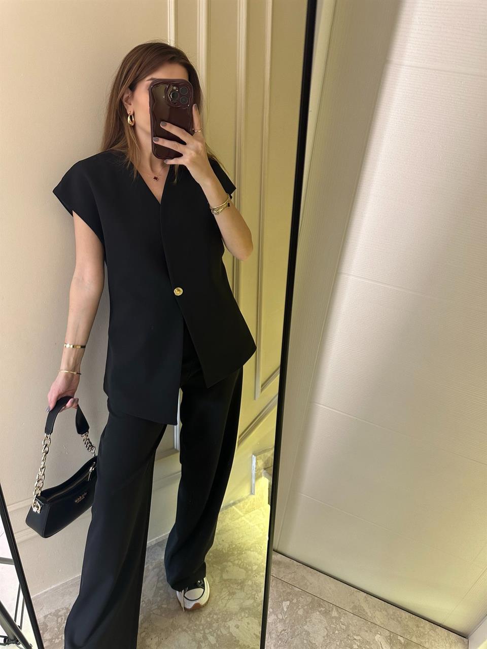 Siyah Palazzo Pantolon Yelekli Takım