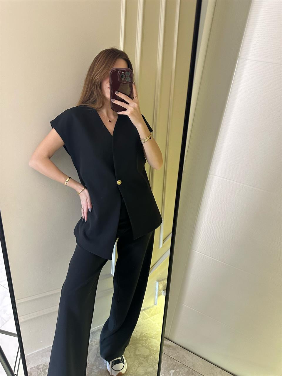 Siyah Palazzo Pantolon Yelekli Takım