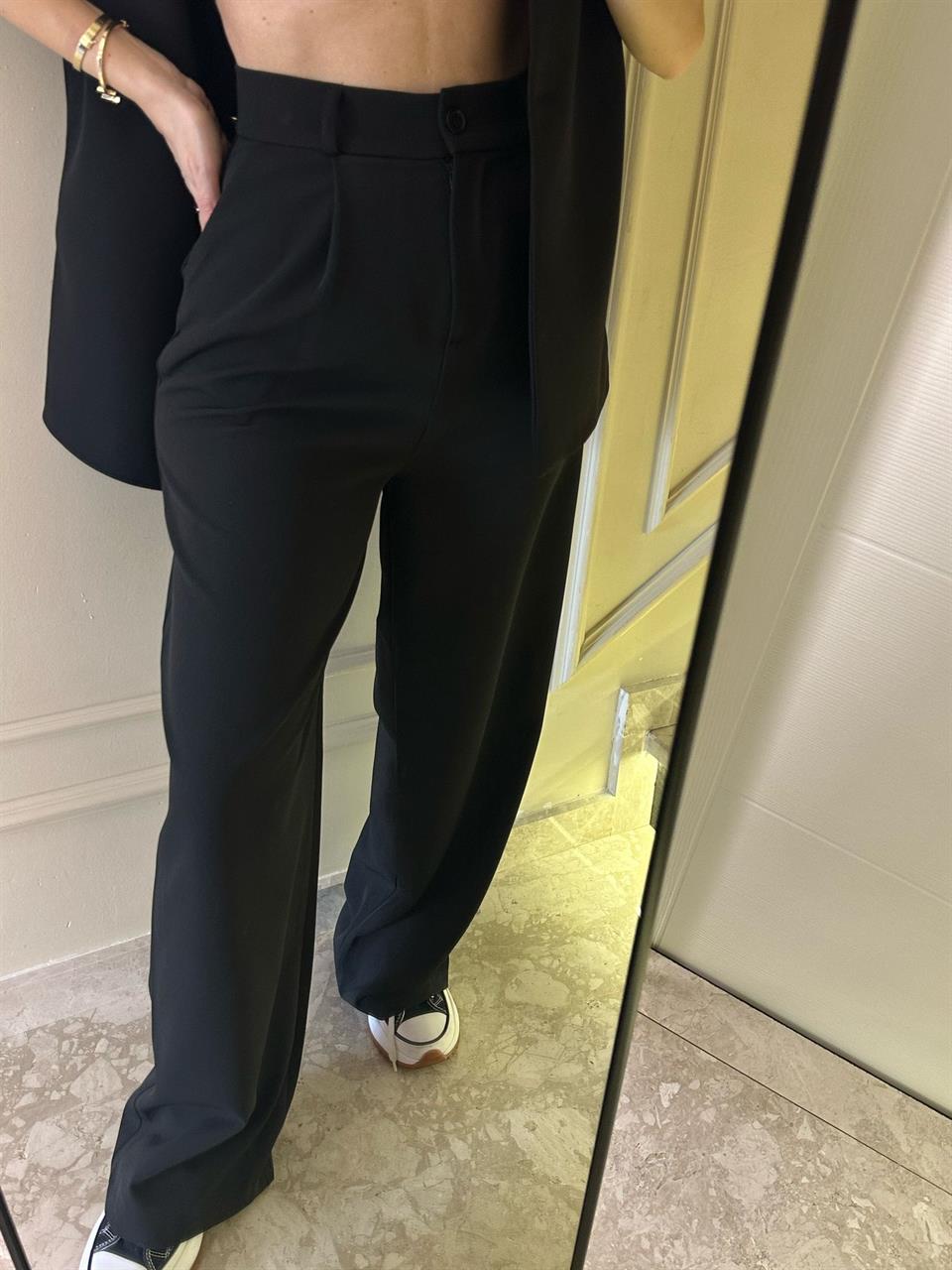 Siyah Palazzo Pantolon Yelekli Takım