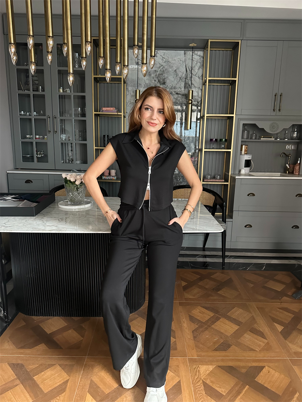 Siyah Polo Yaka Kolsuz Fermuarlı Takım