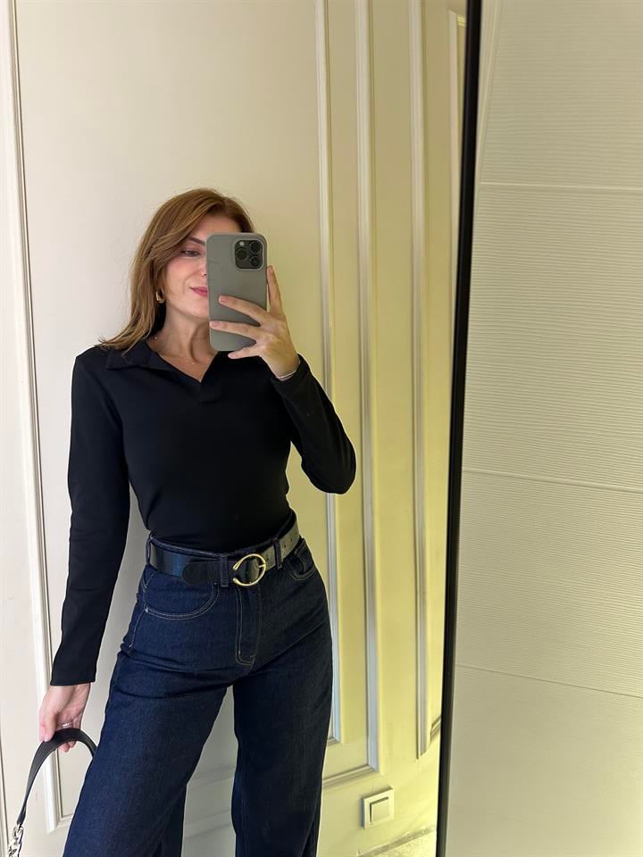 Siyah Polo Yaka Uzun Kol Bluz
