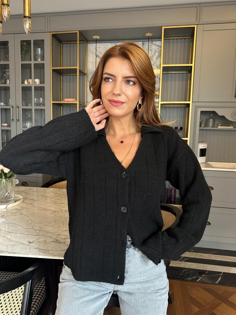 Siyah Polo Yaka Yumoş Triko Hırka