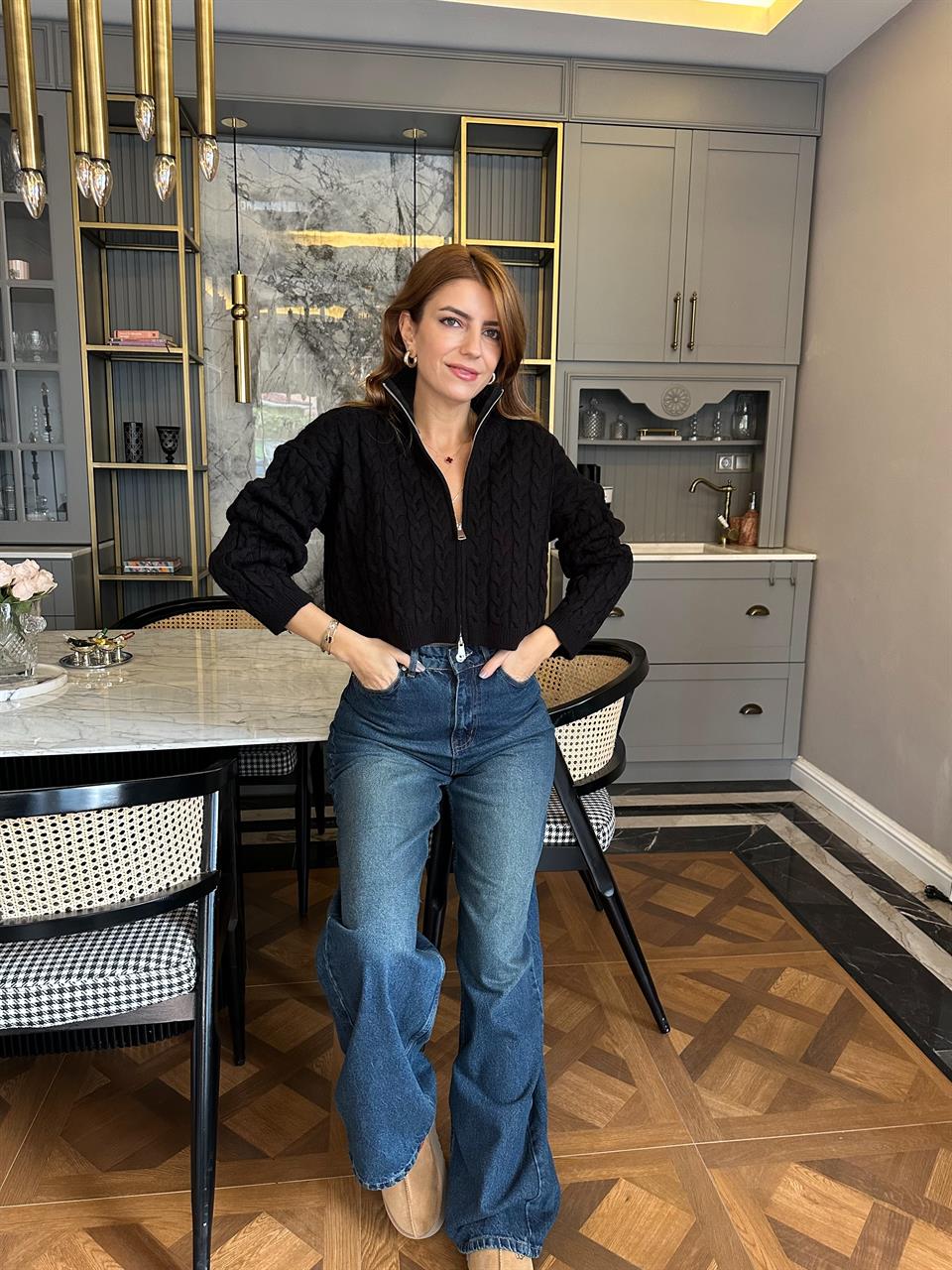 Siyah Saç Örgü Çift Fermuarlı Triko Hırka