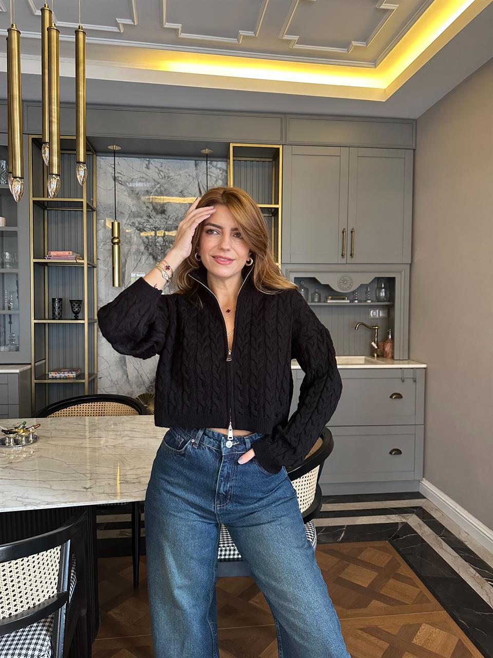 Siyah Saç Örgü Çift Fermuarlı Triko Hırka