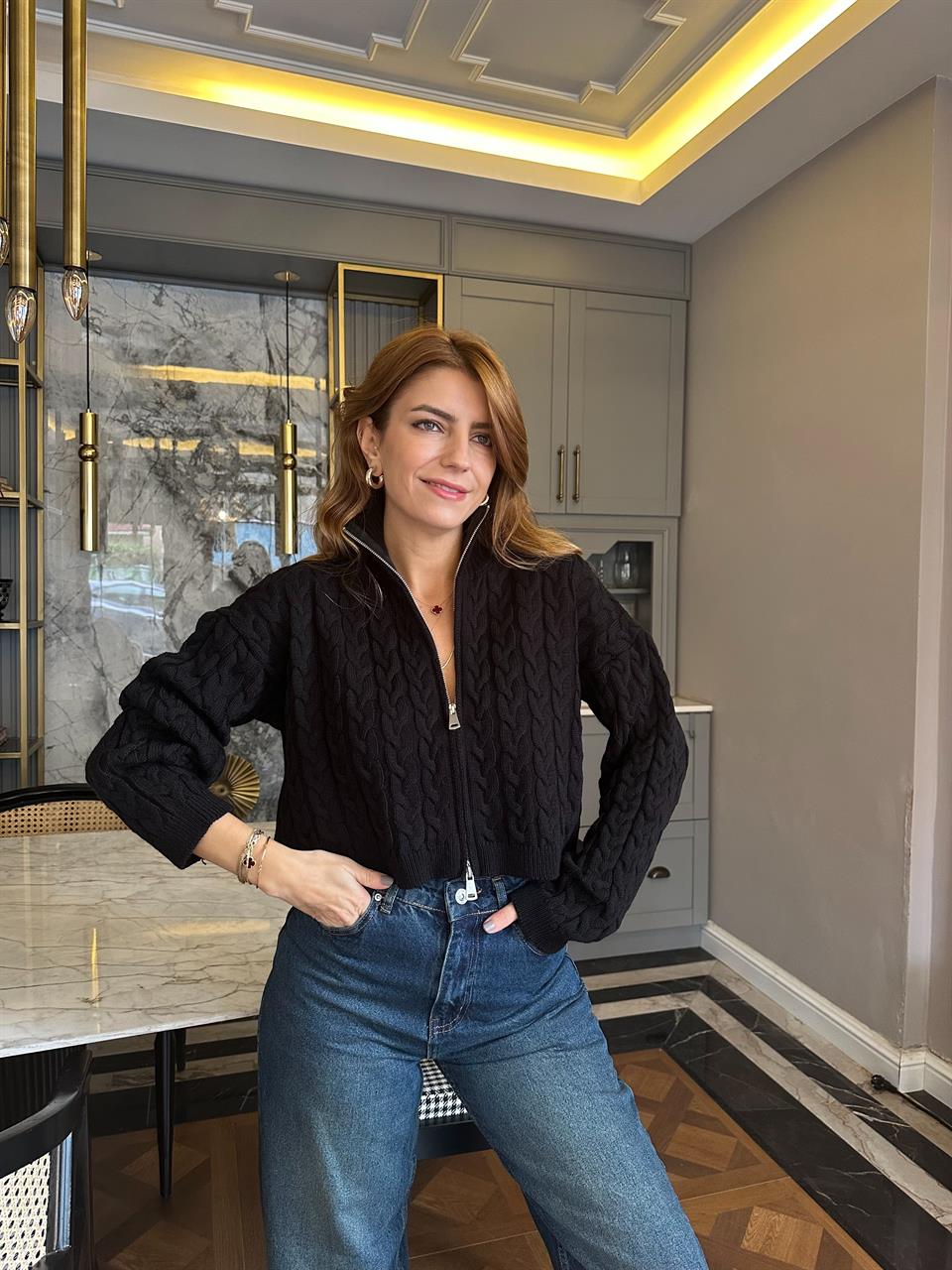 Siyah Saç Örgü Çift Fermuarlı Triko Hırka